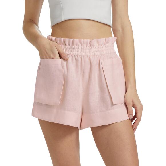 NWT Hevron Mira Linen Shorts Rose Quartz Pink High-Waist Pocket 100% Linen Sz M - Picture 1 of 16